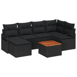 Zestaw 7 części Sof w Ogrodzie z Poduszkami Czarny Poli Rattan Akacja, Sofa 2-osobowa w Ogrodzie z Poduszkami Czarny Poli Rattan