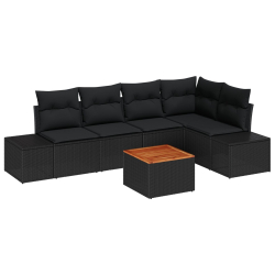 6 Częściowy Zestaw Sofa Ogrodowa z Poduszkami Czarny Poli Rattan Akacja