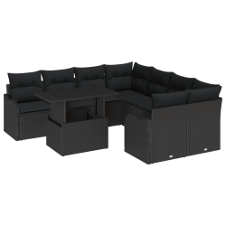 9 elementowy zestaw sof ogrodowych z poduszkami Czarny Rattan Poliester, 2-osobowa sofa ogrodowa z poduszkami Czarny Rattan Poliester