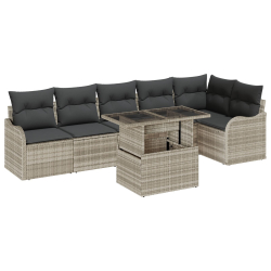 Zestaw 7-częściowy kanap ogrodowych z poduszkami Jasnoszary Rattan Poliester, Sofa ogrodowa 2-osobowa z poduszkami Jasnoszary Rattan Poliester