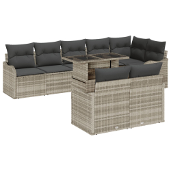 Zestaw 9-częściowy sofa ogrodowa z poduszkami jasnoszary polirattan, Sofa ogrodowa 2-osobowa z poduszkami jasnoszary polirattan
