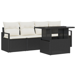 5-elementowy zestaw sofy ogrodowej z poduszkami Czarny Poli Rattan, 2-osobowa sofa ogrodowa z poduszkami Czarny Poli Rattan