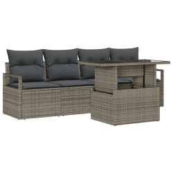 Zestaw 5-częściowy sof ogrodowych z poduszkami szary rattan poli, Sofa ogrodowa 2-osobowa z poduszkami szary rattan poli