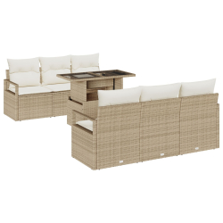 Zestaw 7-częściowej sofy ogrodowej z poduszkami Beżowy Poli Rattan, 2-osobowa sofa ogrodowa z poduszkami Beżowy Poli Rattan