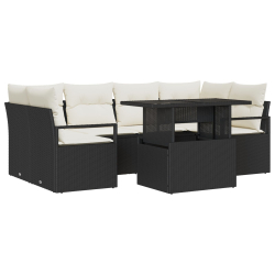 7-częściowy zestaw sof ogrodowych z poduszkami czarny poli rattan, 2-osobowa sofa ogrodowa z poduszkami czarny poli rattan