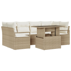7-Częściowy Zestaw Sof Ogrodowych z Poduszkami Beżowy Rattan Poli, 2-osobowa Sofa Ogrodowa z Poduszkami Beżowy Rattan Poli