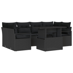 7 Częściowy Zestaw Sofy Ogrodowej Z Poduszkami Czarny Rattan Poli, 2-osobowa Sofa Ogrodowa Z Poduszkami Czarny Rattan Poli