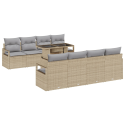9-częściowy zestaw sof ogrodowych z poduszkami beżowy rattan, 2-osobowa sofa ogrodowa z poduszkami beżowy rattan