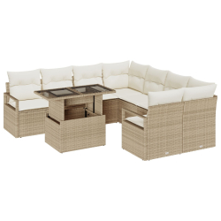 Zestaw 9 częściowy sof ogrodowych z poduszkami beżowy poli rattan, Dwuosobowa sofa ogrodowa z poduszkami beżowy poli rattan