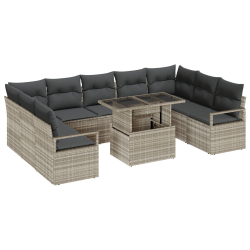 10-częściowy Zestaw Sof Ogrodowych z Poduszkami Jasnoszary Poli Rattan, 2-osobowa Sofa Ogrodowa z Poduszkami Szara Poli Rattan