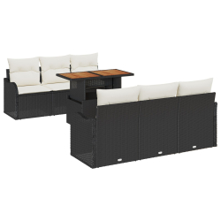 7-częściowy zestaw sof ogrodowych z poduszkami czarny poli rattan akacja, 2-osobowa sofa ogrodowa z poduszkami czarny poli rattan