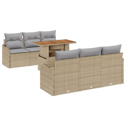 7-częściowy zestaw ogrodowy z poduszkami beżowy poli rattan akacja, 2-osobowa sofa ogrodowa z poduszkami beżowa poli rattan