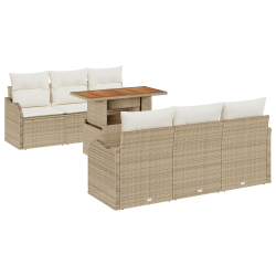 7-częściowy zestaw sof ogrodowych z poduszkami beżowy rattan poli akacja, 2-osobowa sofa ogrodowa z poduszkami beżowy rattan poli
