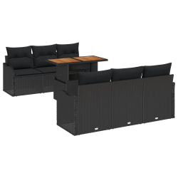 7 Elementowy Zestaw Sof Ogrodowych z Poduszkami Czarny Rattan Akacja, Sofa Ogrodowa dla 2 Osób z Poduszkami Czarny Rattan