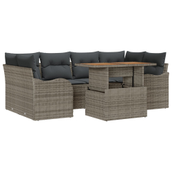 7-częściowy Zestaw Sofy Ogrodowej z Poduszkami Szary Poly Rattan Akacja, 2-osobowa Sofa Ogrodowa z Poduszkami Szary Poly Rattan