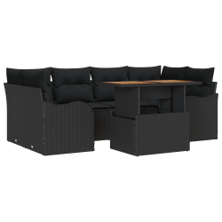 7-częściowy zestaw sof ogrodowych z poduszkami czarny poli rattan akacjowy, Dwuosobowa sofa ogrodowa z poduszkami czarny poli rattan