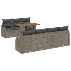 8-elementowy zestaw sof ogrodowych z poduszkami Szary Rattan Akacja, 2-osobowa sofa ogrodowa z poduszkami Szary Rattan
