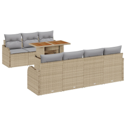 8-częściowy zestaw sof ogrodowych z poduszkami beżowy poli rattan akacja, 2-osobowa sofa ogrodowa z poduszkami beżowy poli rattan