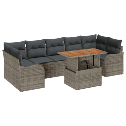 8-elementowy zestaw sof ogrodowych z poduszkami szary rattan akacja, 2-osobowa sofa ogrodowa z poduszkami szary rattan