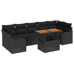 8-częściowy Zestaw Sof z Poduszkami Czarny Rattanowy Acacia, Dwumiejscowa Sofa Ogrodowa z Poduszkami Czarna Rattanowa