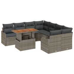 Zestaw 9-częściowy sof ogrodowych z poduszkami szary poly rattan akacja, Dwuosobowa sofa ogrodowa z poduszkami szary poly rattan