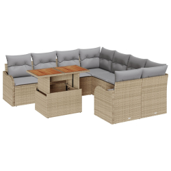 Zestaw sofy ogrodowej 9-elementowy z poduszkami Beżowy Rattan, Sofa ogrodowa dla 2 osób z poduszkami Beżowy Rattan
