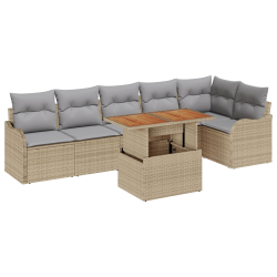 7-częściowy zestaw sof ogrodowych z poduszkami Beżowy Poli Rattan Akacja, 2-osobowa sofa ogrodowa z poduszkami Beżowy Poli Rattan