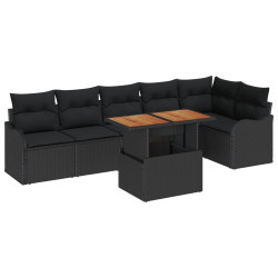 7-częściowy zestaw kanap ogrodowych z poduszkami czarny poli rattan akacja, 2-osobowa sofa ogrodowa z poduszkami czarny poli rattan