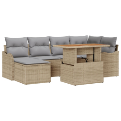 Zestaw 7-częściowy sof ogrodowych z poduszkami Beżowy Rattan PE Akacja, Dwuosobowa sofa ogrodowa z poduszkami Beżowy Rattan PE