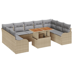 10-częściowy zestaw sof ogrodowych z poduszkami w kolorze beżowym, rattan i akacja, Sofa ogrodowa dwuosobowa z poduszkami w kolorze beżowym, rattan