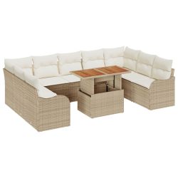 10-częściowy Zestaw Sofy Ogrodowej z Poduszkami Beżowy Rattan Poli Acacia, 2-osobowa Sofa Ogrodowa z Poduszkami Beżowy Rattan Poli