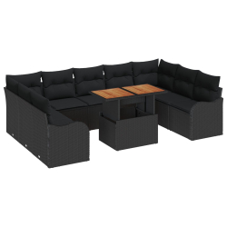 10-elementowy zestaw sof ogrodowych z poduszkami czarny rattan akacja, 2-osobowa sofa ogrodowa z poduszkami czarny rattan
