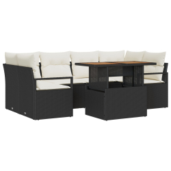 Zestaw 7-częściowy sof ogrodowych z poduszkami Czarny Poli Rattan Akacja, Dwumiejscowa sofa ogrodowa z poduszkami Czarny Poli Rattan