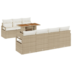 Zestaw Sofa Ogrodowa 8-częściowy z Poduszkami Beżowy Poli Rattan Akacja, Sofa Ogrodowa dwuosobowa z Poduszkami Beżowy Poli Rattan