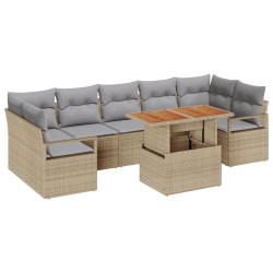 8-częściowy Zestaw Sofy Ogrodowej z Poduszkami Beżowy Poli Rattan Akacja, 2-osobowa Sofa Ogrodowa z Poduszkami Beżowy Poli Rattan