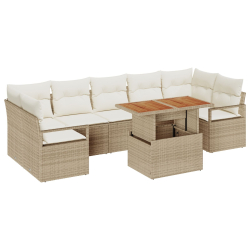 8-częściowy zestaw sof ogrodowych z poduszkami, beżowy, poli rattan akacja, 2-osobowa sofa ogrodowa z poduszkami, beżowa, poli rattan