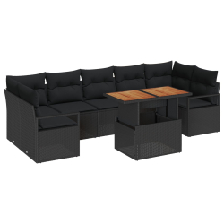 8-częściowy Zestaw Sofy Ogrodowej z Poduszkami Czarny Poli Rattan Akacja, 2-osobowa Sofa Ogrodowa z Poduszkami Czarny Poli Rattan