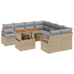 Sofa ogrodowa 9-częściowa z poduszkami beżowy poli rattan akacjowy, Sofa ogrodowa 2-osobowa z poduszkami beżowy poli rattan