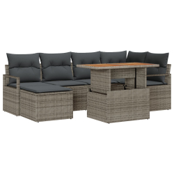 Zestaw Sof Ogrodowych 7-częściowy z Poduszkami Szary Rattan Akacja, 2-osobowa Sofa Ogrodowa z Poduszkami Szary Rattan