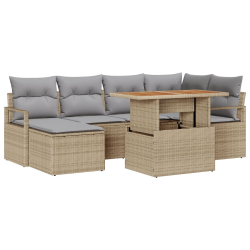 7-częściowy zestaw kanap ogrodowych z poduszkami Beżowy Rattan Poliester, 2-osobowa sofa ogrodowa z poduszkami Beżowy Rattan