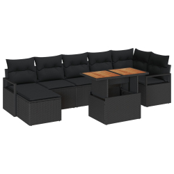 8-elementowy zestaw sofy ogrodowej z poduszkami Czarny Rattan polipropylenowy Akacja, 2-osobowa sofa ogrodowa z poduszkami Czarny Rattan polipropyleno