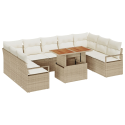 Zestaw 10-częściowy sofy ogrodowej z poduszkami beżowy Poly Rattan Acacia, Sofa ogrodowa dwuosobowa z poduszkami beżowa Poly Rattan