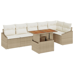7-częściowy zestaw do jadalni ogrodowej z poduszkami Beige Poly Rattan Akacja