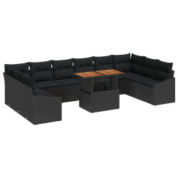 Zestaw Sof Ogrodowych Zestaw 11 Czarny Rattan, Drewniany Blat