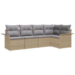 Zestaw sofy ogrodowej 5-częściowy z poduszkami w beżowym poli rattan, 2-osobowa sofa ogrodowa z przechowywaniem i poduszkami w beżowym poli rattan