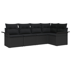 Zestaw 5-częściowej sofy ogrodowej z poduszkami Czarny Polirattan, 2-osobowa sofa ogrodowa z miejscem na przechowywanie i poduszkami Czarny Polirattan
