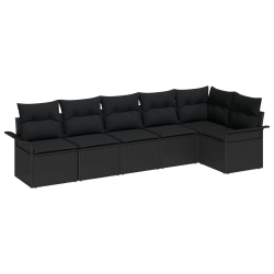 Zestaw 6-częściowej sofy ogrodowej z poduszkami Czarny Poli Rattan, Sofa ogrodowa 2-osobowa z przechowywaniem i poduszkami Czarny Poli Rattan