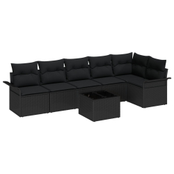 7-częściowy zestaw sofa ogrodowa z poduszkami beżowy polirattan, 2-osobowa sofa ogrodowa z miejscem na przechowywanie i poduszkami czarny polirattan