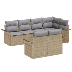 Zestaw 7-elementowy sofa ogrodowa z poduszkami beżowy polirattan, Sofa ogrodowa 2-osobowa z schowkiem i poduszkami beżowy polirattan