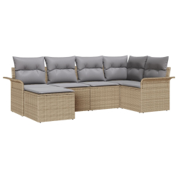 Zestaw 6-częściowych sof ogrodowych z poduszkami Beżowy rattan PE, Sofa ogrodowa 2-osobowa z przechowalnią i poduszkami Beżowy rattan PE